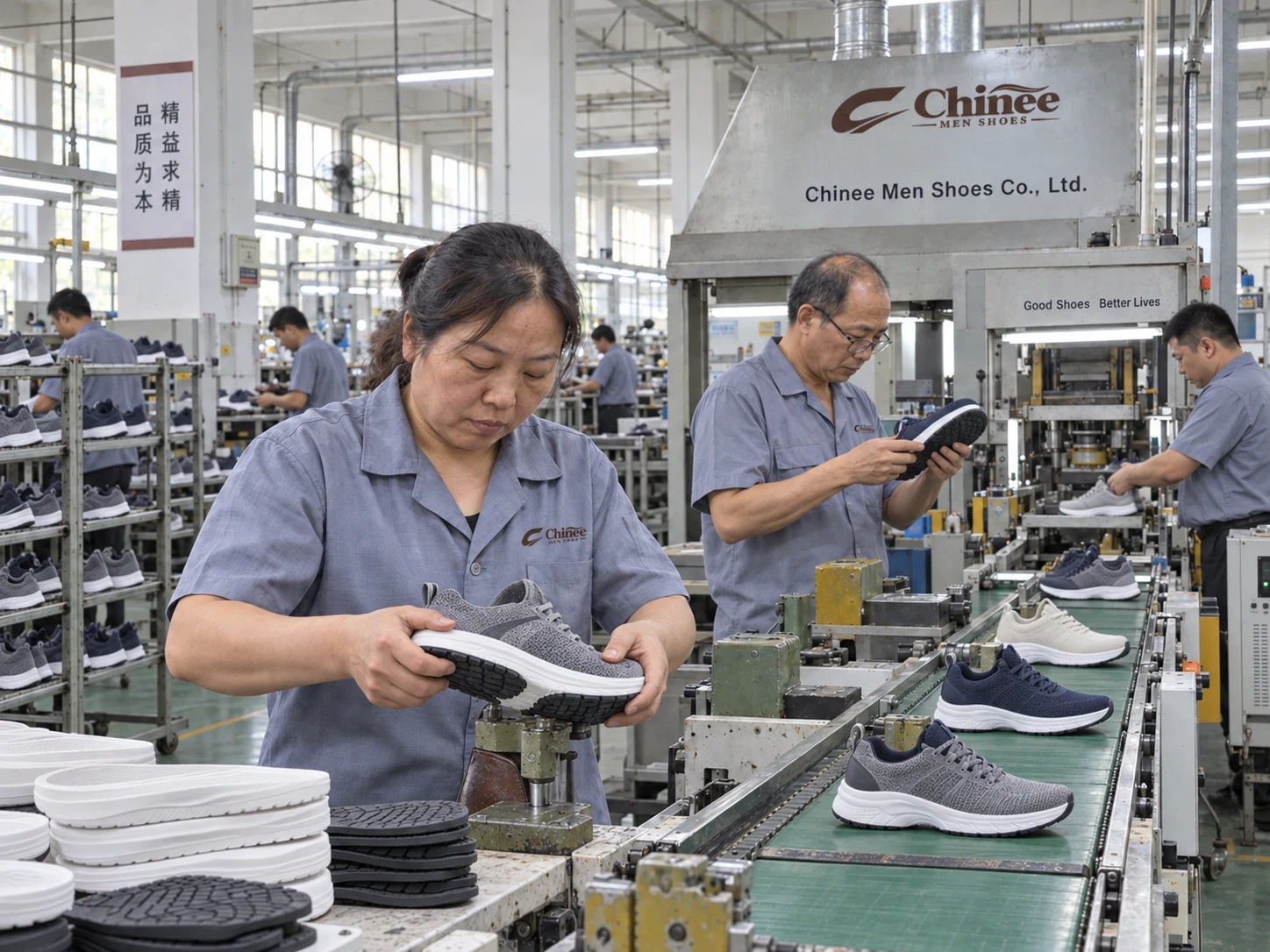 Chinee Men Shoes walking and athletic sneaker sole assembly line