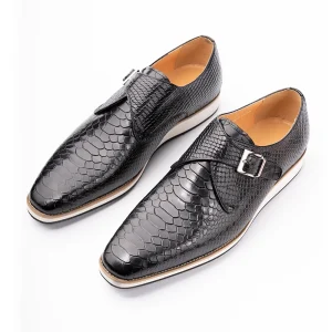 Autumn Men’s Fashion Serpentine Slip On Wedding Shoes Business Dress Monk Strap with Pointed Toe Black Design