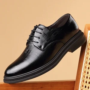 Autumn Oxford Men’s Genuine Leather Lace up Pointed Toe Leisure Wedding Shoes with Rubber Outsole and Geometric Pattern