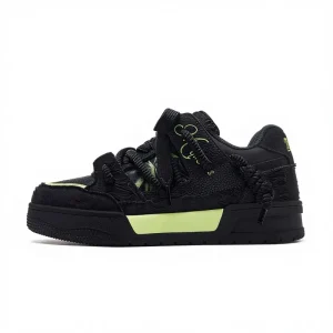 Black Lace-up Street-style Couple’s Height-increasing Anti-slip Men’s and Women’s Double Laced Thick-soled Skate Shoes
