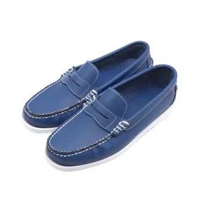 Blue Slip on Men’s Casual Coated Leather Comfortable Walking Platform Loafers Barefoot Moccasins Boat Shoes