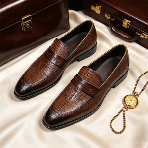 Breathable and Comfortable Men’s Brown Croc Embossed Penny Loafers Formal Leather Dress Shoes Slip On Business Casual Shoes