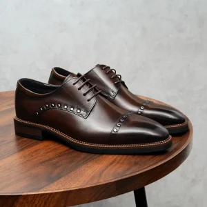 British Genuine Leather Derby Shoes for Men Pointed Toe Three Pronged Retro Business Formal Rivet Wedding for Autumn