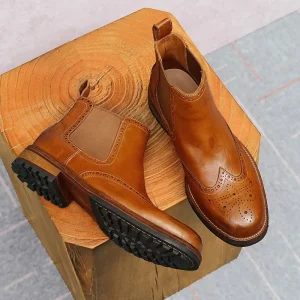 British Style High top Men’s Boots Genuine Leather Upper Rubber Outsole Slip On Closure Anti Slip Handmade Water Washed