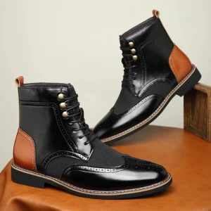 British Style Men’s Ankle Colorblock Artificial PU Shoes Business Casual Autumn Retro Pointed Low Heel Breathable