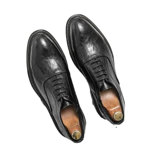 Brogue Lace Up Microfiber Men’s Shoes British Korean Style Summer Height Increasing Pointed Toe Rubber Outsole Groom’s Wedding