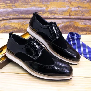 Business Casual Men’s Shoes Breathable British Style Shoes Patent Leather with Suede Height Increasing Shoes for Men