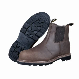 CE Certified Men’s High-Ankle Cow Leather Safety Working Shoes Steel Toe Chelsea Brown Crazy-Horse Slip-On Boots for Winter