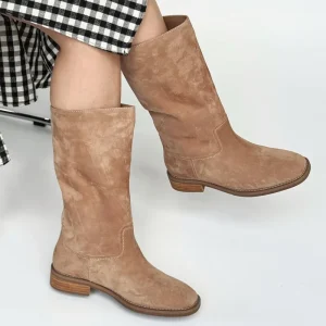 Camel Colored Suede Mid Calf Boots Fleece Lined Anti Slip Lightweight Height Increasing