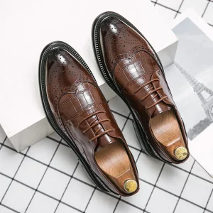 Casual Genuine Leather Lace-Up Oxfords Men’s Shoes Business Dress Work Groom Wedding Nightclub Anti-Slip All Seasons Black