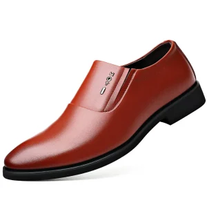 Casual Men’s PU Leather Slip On Flat Wedding Shoes with Pointed Toe for Spring Summer Autumn Formal Dress Wear