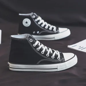 Classic Black Men’s Canvas Shoes Fashion Trend Casual Shoes Lace Up High Top Sports Student Walking Shoes