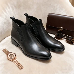 Classic Black Men’s Genuine Leather Boots Ankle Anti-Slippery with Elastic Band for Outdoor Travel & Hiking