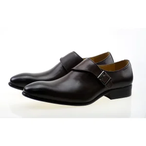Classic Buckle Monk Lace Men’s Dress Shoes Business Formal Brown Black Pointed Toe Leather Shoes for Wedding Strap Closure