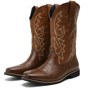 Cowboy Boots Pu Leather Autumn Winter Shoes Retro Fashion Embroidered Western Large Size US16 Men Cowboy Boots Men