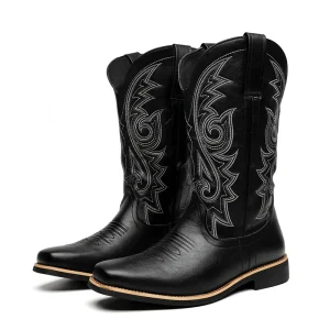 Cross-border Vintage Embroidery Unisex Chelsea Boots with Block Heels Anti-Slippery Feature Plus Size Zipper Cowboys Boots