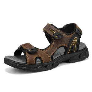 Custom LOGO Service in Ready Stock EVA Sole Anti Slip Large Size Men Summer Open Toe Pure Cow Leather Adjustable Beach Sandals