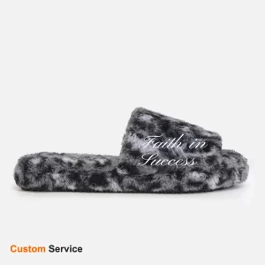 Custom Leopard Winter Furry Fluffy Logo Embroidered Faux Fur Shearling Slides Slippers for Men