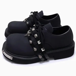 Derby Shoes English Big Headed Studded Round Toe Oxfords for Men Thick Soles Heel Raising Lace Up Closure Microfiber