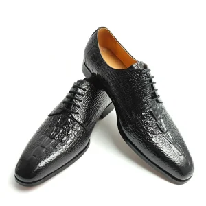 Elegant Black Men’s Oxfords Crocodile Pattern Dress Derby Shoes Handcrafted