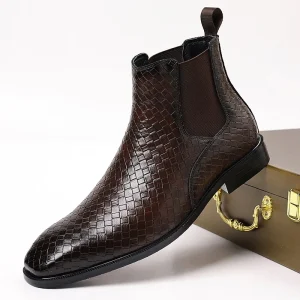 European Men’s Round-Toe Knitted Pattern Chelsea Boots Fashionable and Classic Sapatos Masculinos