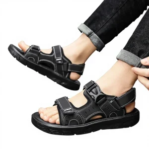 Factory Summer Men’s Breathable Canvas Sandals Velcro Solid Color Outdoor Lightweight Leisure Fashionable Youth Beach Shoes