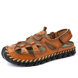 Factory Supply Custom LOGO Hand Made Pure First Layer Cow Genuine Leather Toe Closed Men Boy Summer Sandals
