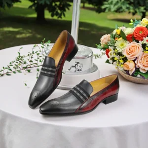 First Layer Cowhide Men’s Casual Business Dress Shoes Fashion Gray Red Loafers Slip On Closure Pointed Toe Autumn