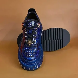 Genuine 100% Crocodile Leather Punk Sneakers for Men Blue Gradient Rivet Platform Shoes with Dragon Head Ornament