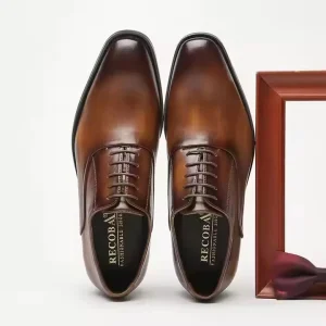 Genuine Cowhide Leather Men’s Loafers Comfortable Executive Wedding Shoes Pointed Toe Lace Up Closure All Seasons Anti Slip