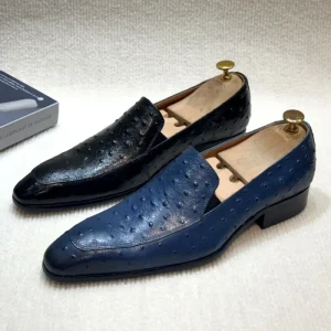 Genuine Cowhide Leather Men’s Loafers Ostrich Grain Slip On Business Dress Shoes