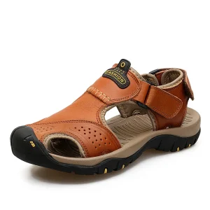 Genuine Leather Upper Extra Size Men’s Closed Toe Trail Walking Hiking Sandals Summer Sports Beach Shoes Mens Outdoor Sandals