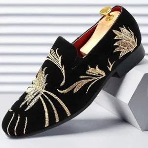 Gold Floral Embroidery Velvet Loafers Men’s Slip-On Dress Shoes