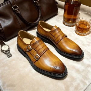 Hand Burnished Double Strap Monk Shoes for Men Brogue Burnished Almond Toe Leather Formal Shoes