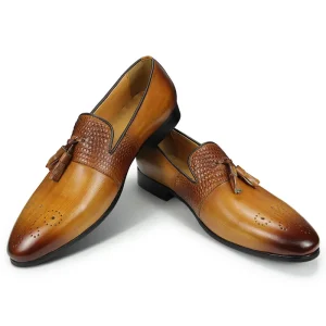 Handmade Genuine Leather Men’s Casual Shoes Pointed Toe Fashion Tassel Office Business Loafer Slip On for Autumn Comfortable