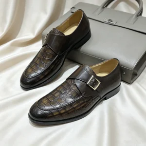 Handmade Men’s Single Monk Strap Shoes with Crocodile Embossing Genuine Leather Crocodile Embossed Dress Shoes Classic Style