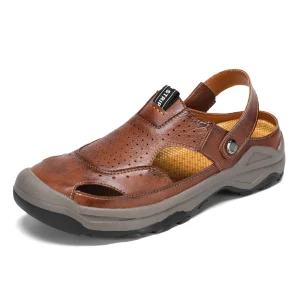 Healthy Sandals Genuine Leather Men Flip Flops Top Grade Cowhide Anti-slip Closed Toe Shoes Summer 46