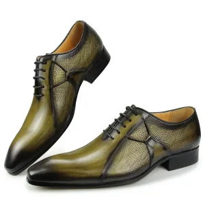 High Grade Men’s Oxfords Lace-Up Full Leather Shoes for Office Social Wedding Green Solid Printed Formal Office Shoe Pointed Toe