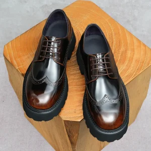 High Quality Men’s Business Derby Shoes Pointed Toe Flat Shiny Leather Lace Up Closure Breathable Light Weight Autumn Wedding