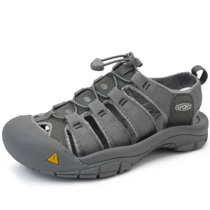 In Ready Stock Fast Delivery Breathable Mesh Cow Leather Upper Large Size Anti Slip Sole Men Toe Protect Leather Beach Sandals