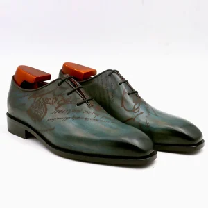 Italian Leather Turkey Shoes for Men Patina Green Color Big Size Shoe for Men Handmade Goodyear Welted Shoes for Men