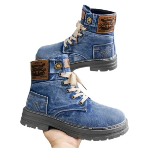 Large Size 39-48 Men’s Denim Ankle Boots Chunky Sole Cowboy Style Toe Fashion Trend Breathable Fabric Spring Autumn
