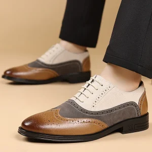 Large Size Formal Men’s Lace-Up Carved Fashionable Business Casual Pu Breathable British Color Matching Shoes