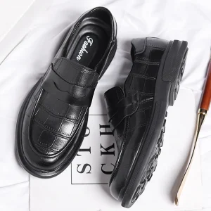Luxury Formal Lightweight Embroidered Pointed Toe Two layer Cowhide EVA Rubber Black Men’s Loafers Slip On Office Career Wedding