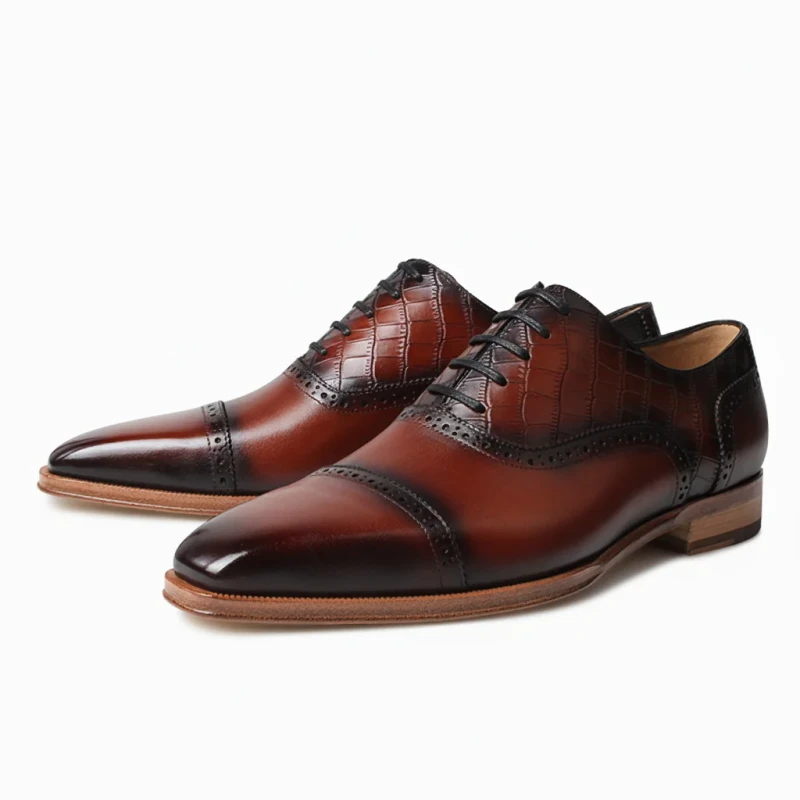 Luxury Men's Cognac Patina Oxford Shoes Handmade Crocodile Embossed Cap Toe Brogues Genuine Leather Elite Dress Shoes