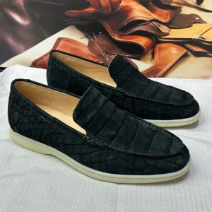 Luxury Men’s Nubuck Crocodile Leather Loafers Black Business Casual Shoes Lightweight White Sole Moccasins OEM