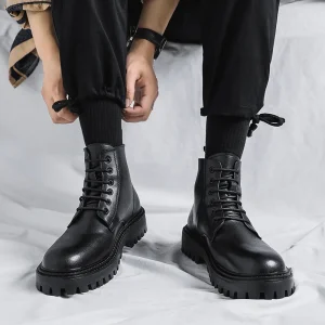 Martins Men’s Mid Calf Tide Spring Autumn British Style Retro Leather Shoes Arch Support Lightweight Warm Heightened Black