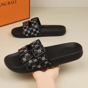 Men Double Buckle Adjustable Slides EVA Non slip Cushion Sandals Print Summer Trendy Outdoor Beach Daily Sandals