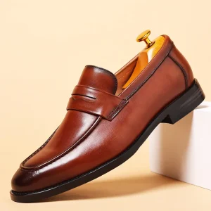 Genuine Leather Men’s Shoes Spring Solid Non Slip Breathable Casual Business Dress Slip-On Shoes
