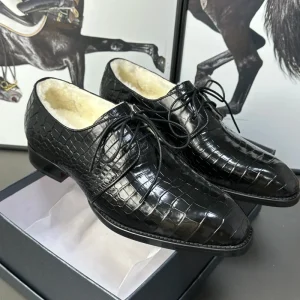 Men’s 100% Crocodile Leather Dress Shoes Fur Lined Lace Up Formal Oxfords